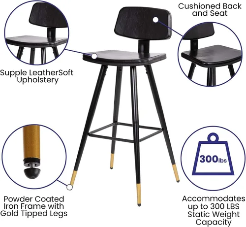 Vista 6 de Flash Furniture Kora Taburetes de bar de respaldo bajo de grado comercial, tapicería LeatherSoft negra, marco de hierro negro, reposapiés integrado