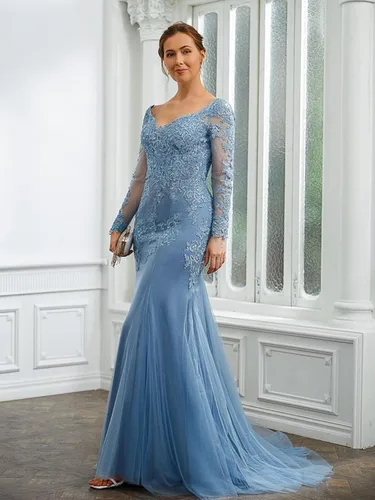 Vista 3 de Vestidos de fiesta de sirena para mujer, con apliques de encaje, tul de manga larga, vestido de noche formal