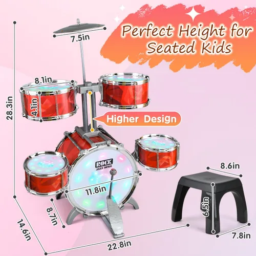 Vista 5 de Juego de batería para niños de 1-3, 3-5 años, con taburete, soporte más alto de juguetes musicales para niños pequeños, batería roja para niñas