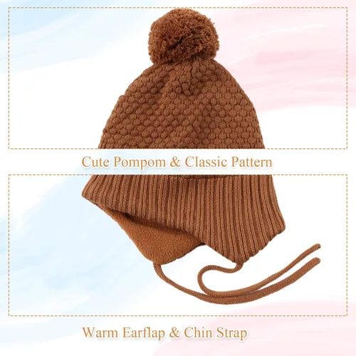 Vista 4 de Gorros de invierno para niña con forro polar para niños, gorro de punto con orejeras con pompón, de 0 a 8 años