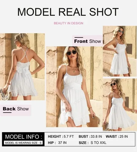 Vista 2 de Dokotoo Vestidos de tirantes delgados para mujer, cuello redondo, lazo, sin mangas, cintura elástica, dobladillo con volantes, acampanado