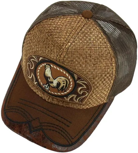 Vista 6 de Gorra de béisbol curvada de malla de camionero bordada estilo occidental de México con diseño de gallo