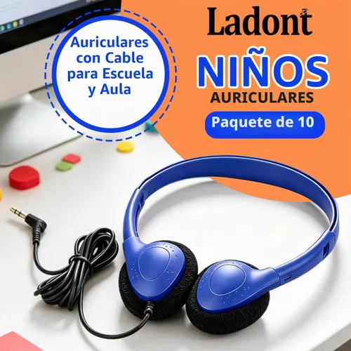Vista 2 de Paquete de 10 auriculares para niños a granel para el aula escolar, auriculares multicolor con cable para estudiantes, auriculares ajustables