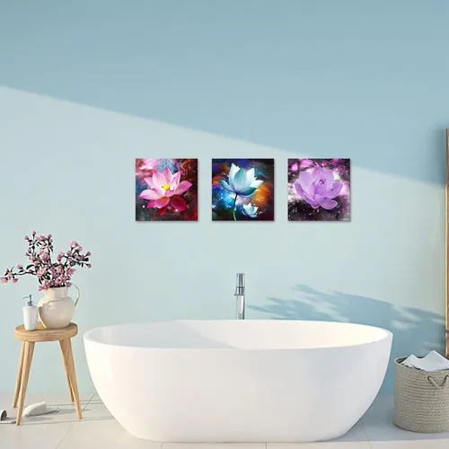 Vista 4 de Biuteawal 3 paneles de flores arte de pared de loto floreciente imagen elegante rosa azul púrpura pintura floral lienzo enmarcado moderno hogar