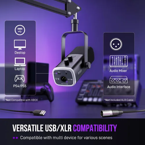 Vista 7 de FIFINE - Juego de micrófono XLR/USB para juegos, micrófono dinámico para PC para transmisión y podcast, kit de micrófono RGB para computadora