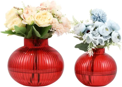 Vista 15 de Jarrones de vidrio acanalado, juego de 2 jarrones estriados para flores, florero de vidrio ámbar para tulipanes, jarrón moderno para sala de estar