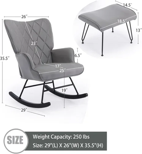 Vista 2 de Mecedora tapizada moderna con otomana, 2 piezas, deslizador de respaldo alto para guardería, sala de estar o dormitorio, cómodo sillón con soporte