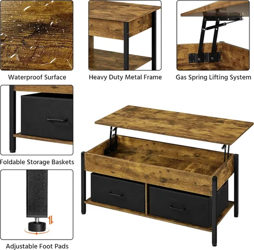 Vista 5 de Yaheetech Mesa auxiliar elevable con almacenamiento y 2 cestas de tela, mesa de centro de madera de 41.5 pulgadas para sala de estar y oficina