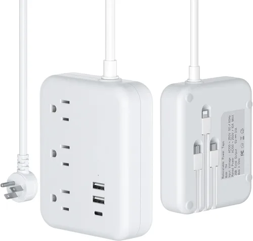 Vista 8 de Regleta de alimentación de viaje con 3 cables integrados, cable de extensión de enchufe plano con 3 tomas, 6 puertos USB, cable de extensión plano