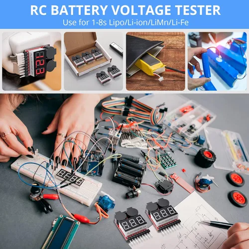 Vista 2 de CAMWAY Probador de voltaje de batería Lipo, 5 unidades, 2 en 1, 1-8s, alarma de zumbador de bajo voltaje, probador de monitor de batería para 1-8s