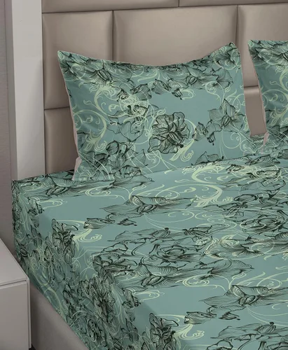 Vista 2 de Ambesonne Juego de sábanas vintage, diseño de curvas de inspiración victoriana, estampado de hojas y flores, sábana bajera y encimera con fundas