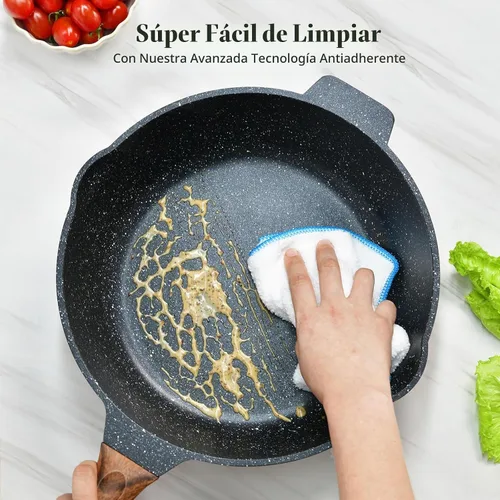 Vista 4 de Sartén antiadherente de 12 pulgadas con tapa y espátula, sartén jumbo de 6 cuartos de galón con boquilla de vertido, wok de chef de granito