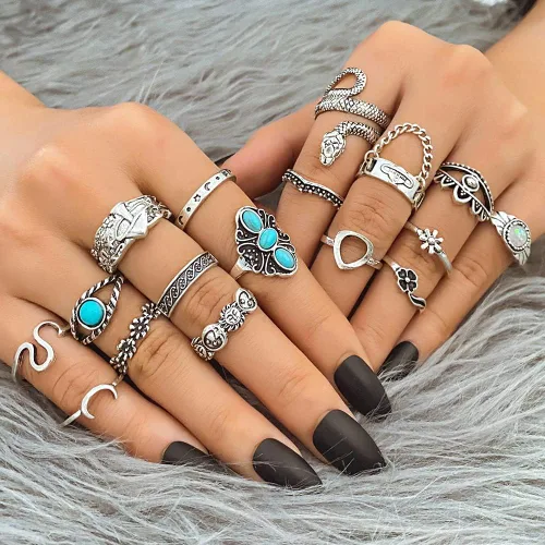 Vista 4 de KISSWIFE - Juego de 36 anillos de nudillos plateados vintage para mujeres y niñas joyas occidentales anillos estéticos anillos bohemios a granel