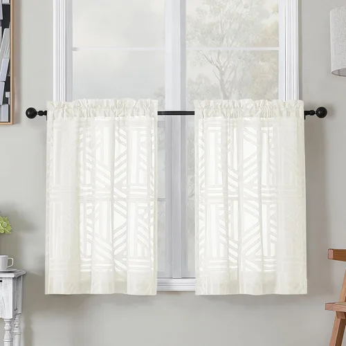 Vista 80 de Simplebrand Cortinas traslúcidas negras de cocina de 24 pulgadas de largo, 2 paneles, filtrado de luz, geométrico jacquard con textura, cortinas