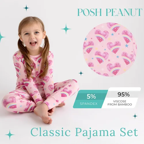 Vista 90 de Posh Peanut Pijamas para niñas, suaves, de viscosa de bambú para niños, pijamas a juego de manga larga para niñas