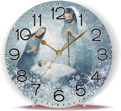 Vista 6 de Holy Family Nativity - Reloj de pared religioso de Navidad, funciona con pilas, sin tictac, silencioso, de cuarzo, analógico, rústico, rústico