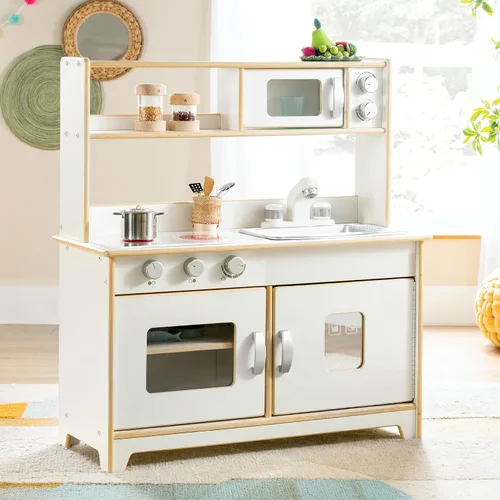 Vista 10 de Guidecraft EdQ - Juego de cocina todo en uno para niños, color natural: cocina dramática de madera para niños pequeños con estufa, microondas