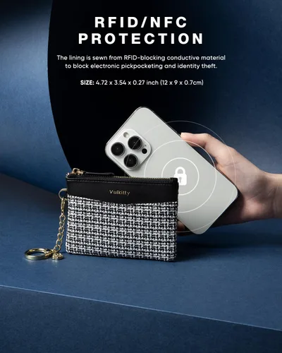 Vista 4 de Vulkitty Monedero delgado con llavero minimalista con cremallera, monedero para cambio, billetera con bloqueo Rfid para tarjetas de crédito