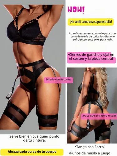 Vista 3 de Lencería de liguero para mujer, lencería de encaje sexy, conjunto de lencería transparente a juego de 4 piezas Negro