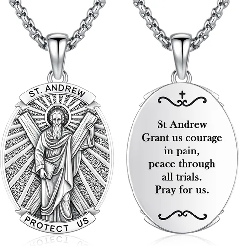 Vista 19 de Collar con colgante de amuleto de medalla de San de plata 10A-St Michael Oval