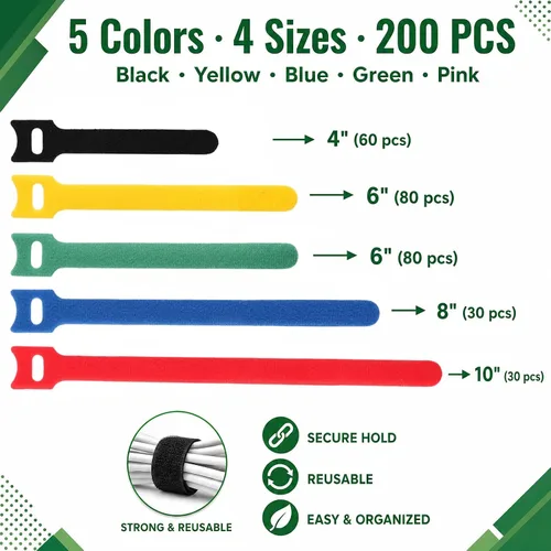 Vista 2 de BALABALA 200 piezas de bridas ajustables reutilizables para cables de 10+15+20+25 cm, organizador de cables, envoltura de cable multicolor