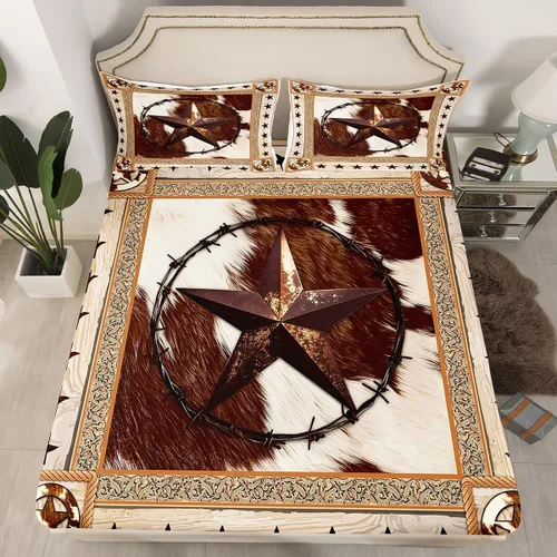 Vista 5 de Sábana bajera ajustable para niños con estampado de piel de vaca rústica, tamaño individual, juego de ropa de cama de tablones de madera vintage