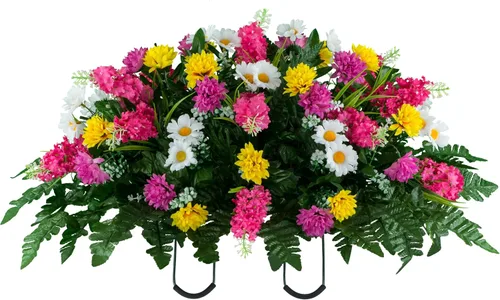 Vista 24 de Sympathy Silks Flores artificiales para cementerios – Decoraciones para tumbas - 1 ramo de flores silvestres de violeta púrpura y naranja, 1 montura