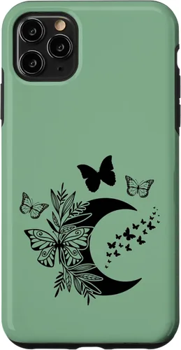 Vista 11 de Funda de bruja Wicca Wicca para iPhone 15, diseño de luna y mariposa, color verde salvia