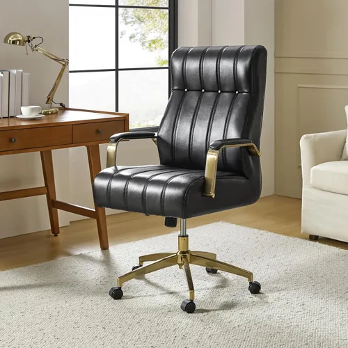 Vista 3 de HULALA HOME Silla de oficina ejecutiva moderna, silla de escritorio ergonómica copetuda de piel sintética con base chapada en oro y reposabrazos
