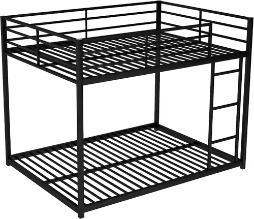 Vista 8 de Litera baja de tamaño matrimonial con escalera, litera de metal con barandillas de seguridad para niños, adolescentes y adultos, no requiere somier
