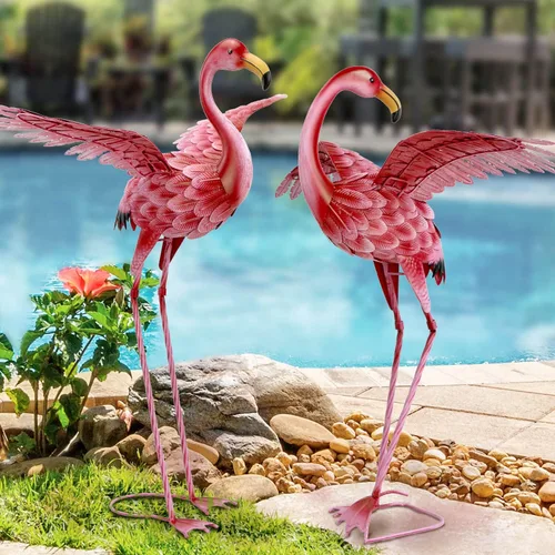 Vista 7 de Natelf Decoraciones de flamenco rosa para patio, estatuas y esculturas de jardín de pájaros altos, adornos de metal para patio al aire libre, juego