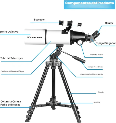 Vista 7 de Telescopio Celticbird para adultos de alta potencia, apertura de 80 mm, montura AZ de 600 mm, telescopio refractor para niños principiantes