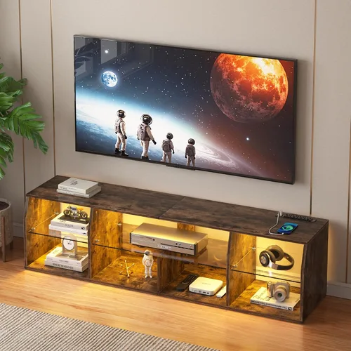 Vista 10 de VECELO Soporte de TV LED para 55 pulgadas, centro de entretenimiento con tomas de corriente, gabinete de televisión industrial para sala de estar