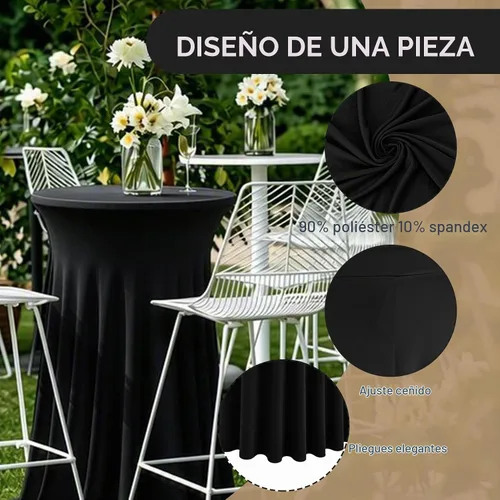 Vista 3 de Paquete de 4 faldas redondas de elastano de 32 x 43 pulgadas para mesa de cóctel con cortinas onduladas, mantel de cóctel elástico, mesas altas Negro