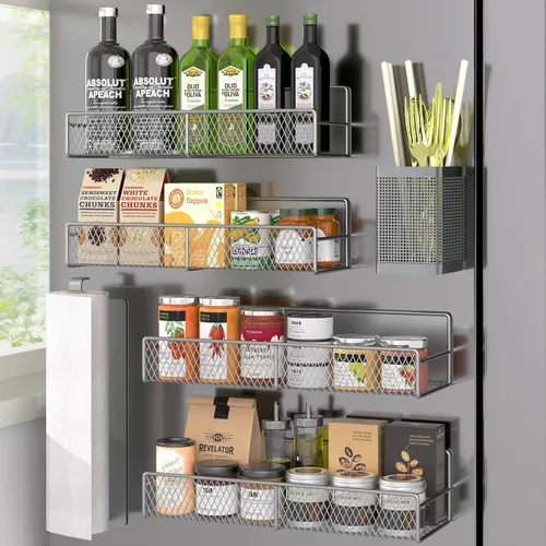 Vista 34 de Estante magnético para especias para refrigerador, paquete de 7 estantes magnéticos fuertes 100% de metal, organizador de especias con soporte