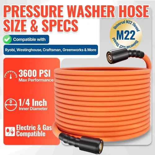 Vista 3 de YAMATIC Manguera de lavado a presión de 25 pies, 1/4 de pulgada 3600 PSI Manguera de lavado eléctrico M22, flexible de alta presión resistente a
