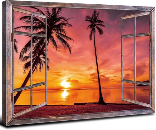 Vista 25 de Cuadro de pared con ventana de playa, paisaje oceánico, decoración de pared, paisaje costero, gaviota, impresiones en lienzo, pintura tropical