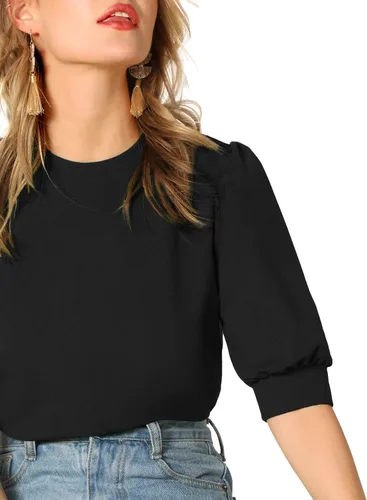 Vista 4 de SheIn Blusa de mujer con mangas de puff Casual Solid Top Pullover Keyhole Back