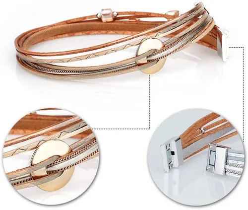Vista 3 de Fesciory - Pulseras envolventes de cuero para mujer, brazaletes con cuentas de cristal de leopardo, estilo bohemio, multicapa