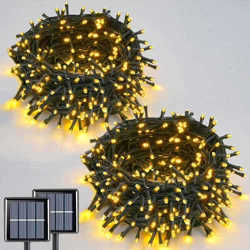 Vista 16 de QITONG Paquete de 2 luces solares azules y blancas de Navidad, cada cadena de 200 luces LED solares de 66 pies para exteriores, impermeable, 8 modos