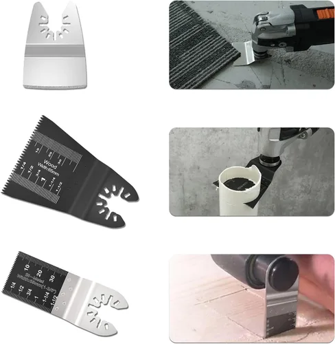 Vista 8 de 87 cuchillas oscilantes para herramientas, multiherramienta de liberación rápida de plástico de metal de madera, accesorios con papel de lija