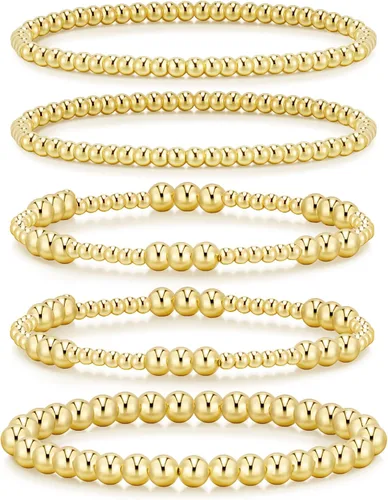 Vista 14 de adoyi - Pulseras de oro para mujer, impermeables, con cuentas de bolas chapadas en oro de 14K, pulseras ajustables apilables para regalos