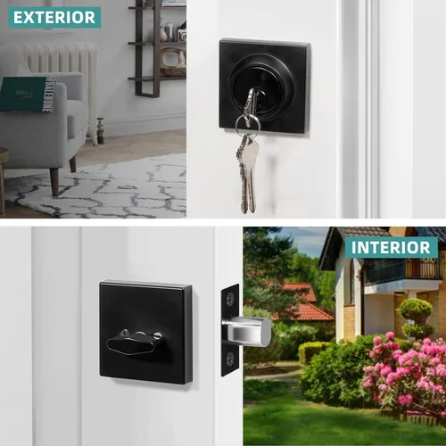 Vista 5 de Cerradura cuadrada de un solo cilindro moderno con llaves, cerrojo negro mate para entrada de puerta delantera, cerradura de seguridad de puerta