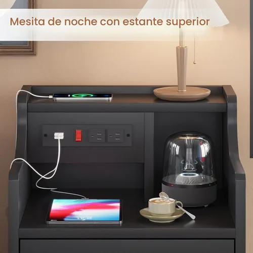 Vista 3 de ADORNEVE - Mesita de noche con estación de carga, mesita negra para dormitorio, mesa auxiliar con aparador y cajones de almacenamiento