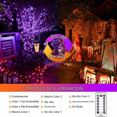 Vista 5 de Guirnalda de 200 luces LED conectables con control remoto, luces de Naranja a Púrpura