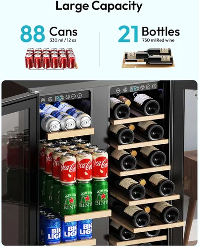 Vista 4 de EUHOMY Refrigerador de vino y bebidas, enfriador de vino de doble zona de 24 pulgadas con puerta de vidrio que contiene 21 botellas y 88 latas