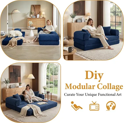 Vista 5 de Sofá cama plegable convertible 4 en 1, sofá cama plegable con marco de forma fija, sofá plegable de pana nube para sala de estar y dormitorio