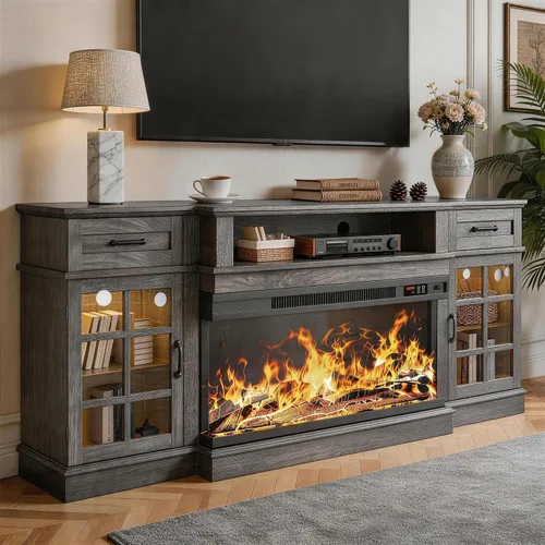 Vista 12 de MXV Soporte de TV con chimenea de 70 pulgadas, chimenea de vidrio de 3 lados y centro de entretenimiento moderno, consola multimedia de madera
