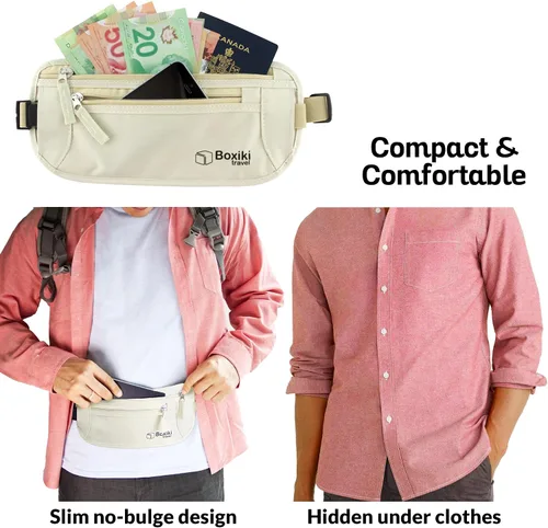 Vista 6 de Boxiki Travel - Cinturón de dinero para viajes para hombres y mujeres oculto, cinturón de dinero con bloqueo RFID y bolsa de cintura segura