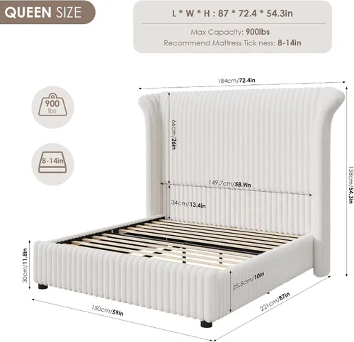 Vista 2 de Marco de Cama Queen con Cabecera Alta Tipo Ala de Piel Sintética de 54", Cama Plataforma Tapizada con Luz LED, Base de Colchón con Soporte